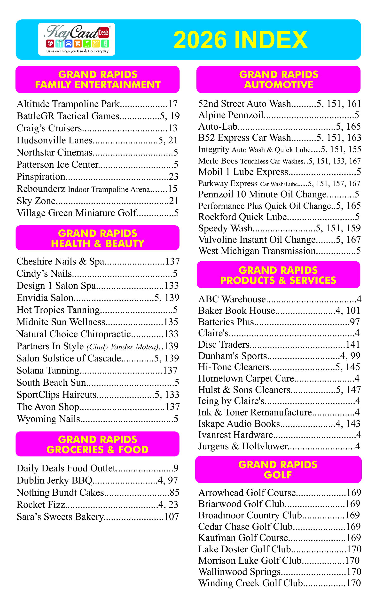 2020 Index of Participating businesses where you can save with your coupon book and/or discount KeyCard Deals card. 