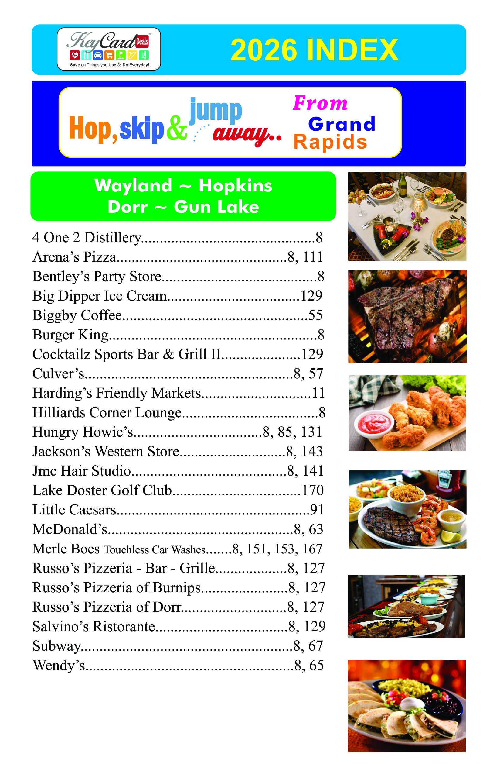 2020 Index of Participating businesses where you can save with your coupon book and/or discount KeyCard Deals card. 