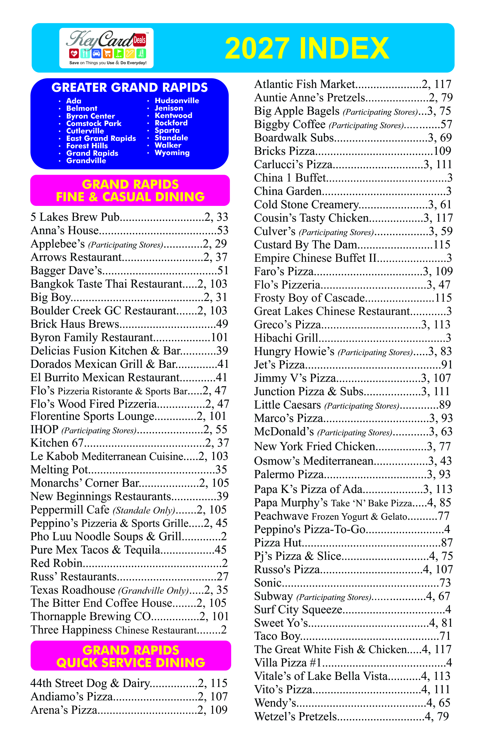 2020 Index of Participating businesses where you can save with your coupon book and/or discount KeyCard Deals card. 