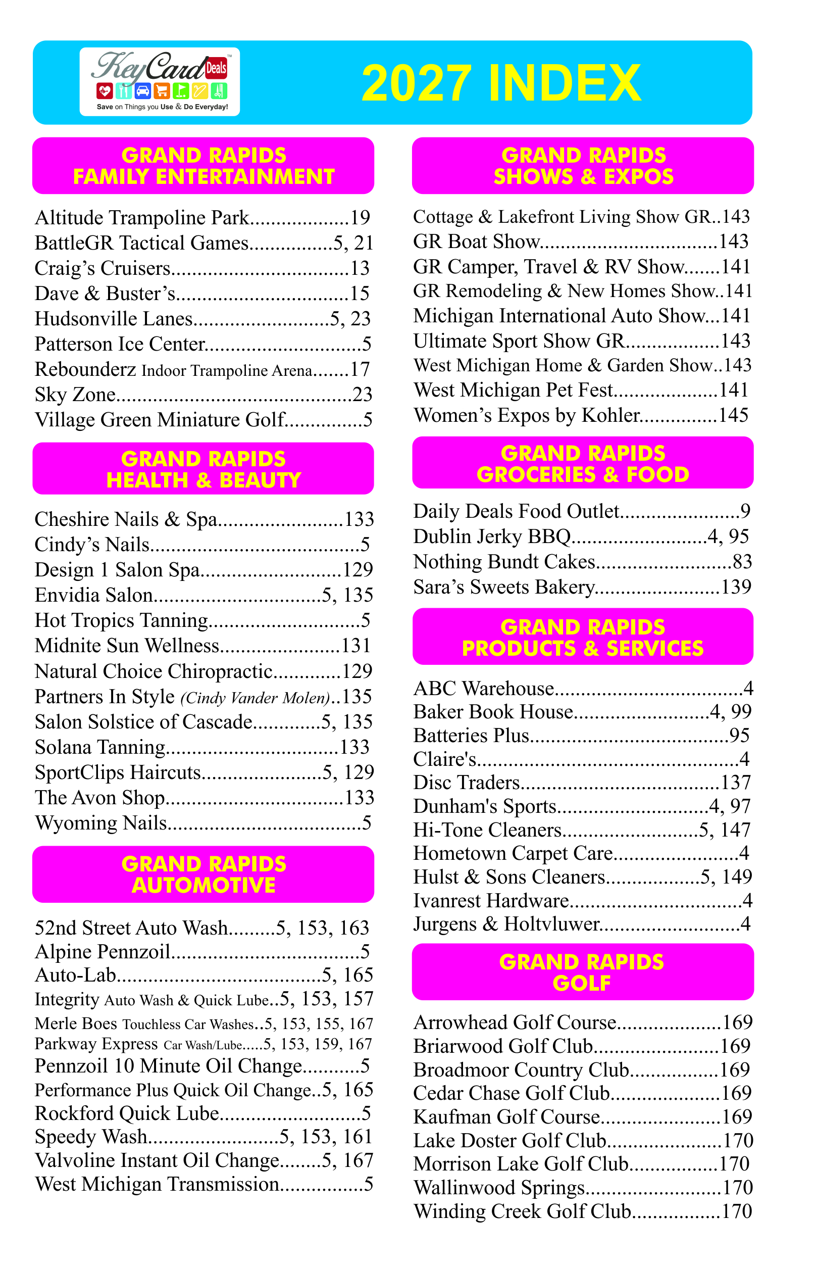 2020 Index of Participating businesses where you can save with your coupon book and/or discount KeyCard Deals card. 